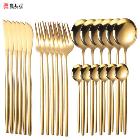 18/10 Gold Dinnerware Set 24pcs Stainless Steel Tableware Set Knife Fork Spoon Flatware Set Dishwasher Safe Cutlery Set Gift Box ► Photo 1/6
