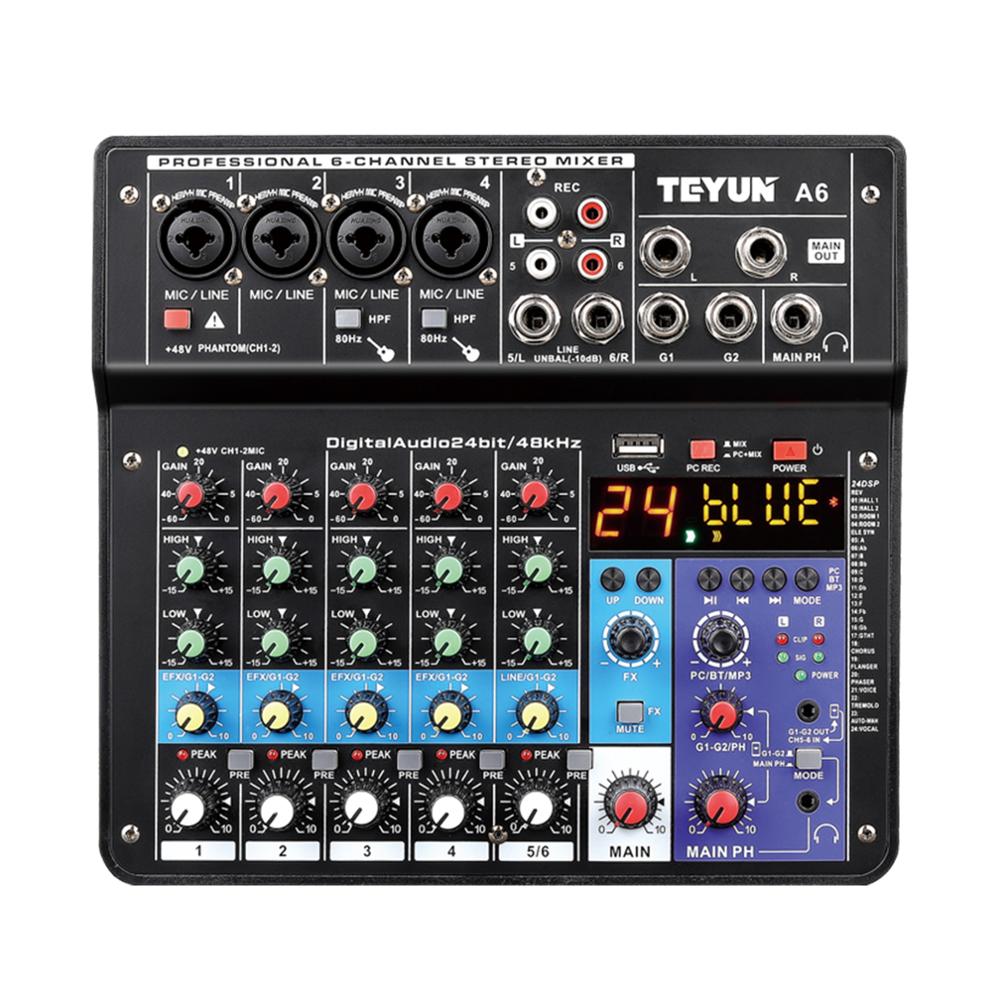 Wireless 6Channel Audio Mixer Portable Sound Mixing Console USB Interface Computer Input 48V