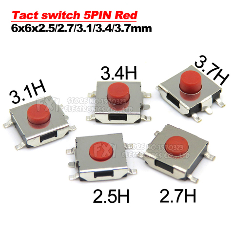 50PCS Tact switch 5PIN Red 6*6*2.5/2.7/3.1/3.4/3.7mm SMD switch 6x6x2.5/2.7/3.1/3.4/3.7mm ibuw MINI push button switch ► Photo 1/4
