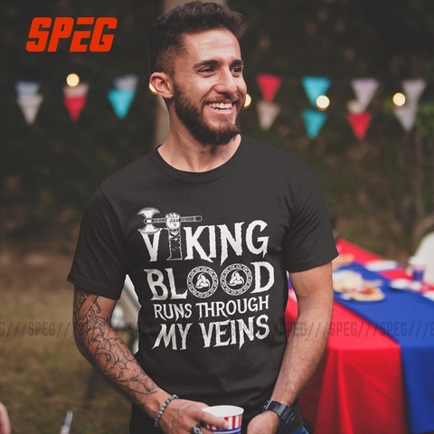 T Shirts Vikings Blood Runs in My Viens Tops Adult 100% Cotton Male Short Sleeve T-Shirts Great Men Tee Shirt Plus Size ► Photo 1/6