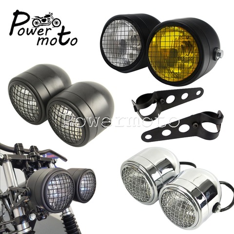 For Harley Cafe Racer Chopper Mesh Grill Dual Twin Dominator Headlight Front Head Lamp + Mount Bracket Double Round H4 Lighting ► Photo 1/6