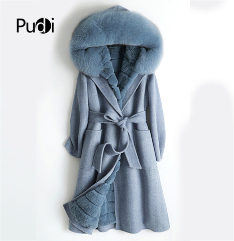 Pudi Women real wool fur coat Rex rabbit liner fox fur collar leisure Fall/Winter female long hooded jacket outwear ZY18558 ► Photo 1/6