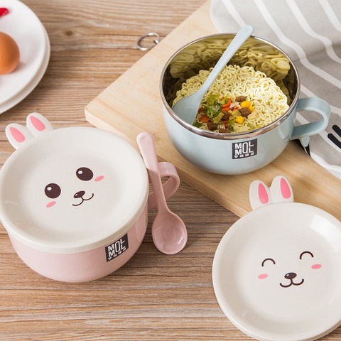 Stainless Steel Double-layer Ramen Noodles Bowl Anti-scalding Instant Noodle Bowl Cute Bunny with Lid And Spoon Tableware ► Photo 1/6