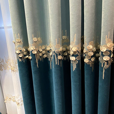 New Light Luxury Curtains for Living Dining Room Bedroom Thick Cashmere Shading Chenille Embroidered Bead Blue Curtains Tulle ► Photo 1/5