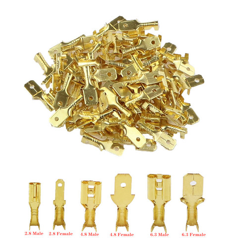 100Pcs/lot   2.8/4.8/6.3mm Female and male Crimp Terminal Connector Gold Brass/Silver Car Speaker Electric Wire Connectors  50 S ► Photo 1/5