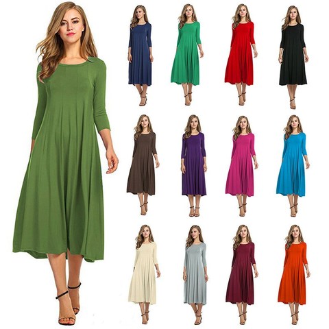 Three Quarter Sleeve Dresses For Women Casual Autumn Pleated Midi плать Elegant O neck Party Femme Robe 2022Plus Size Girl dress ► Photo 1/6