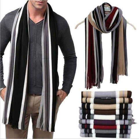 New Men's Winter Warm Cashmere Scarf Classic Striped Business Scarf Long Tassel Knit Scarf Black Gray Red Beige Navy Blue ► Photo 1/6