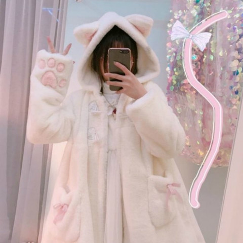 Autumn Winter Japanese Girly Sweet Lolita Coats Warm Soft Plush Cartoon Anime Cute Cat Ears Hooded Jackets Women Kawaii Outwear ► Photo 1/6