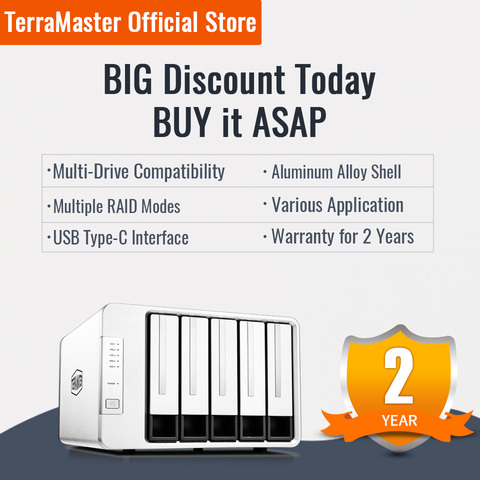 TerraMaster D5-300 USB3.0 (5Gbps) Type C 5-Bay External Hard Drive Enclosure Support RAID 5 Hard Disk RAID Storage (Diskless) ► Photo 1/6