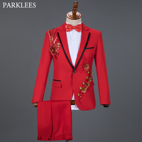 Red Diamond Floral Men Suits for Wedding Mens Suits 3 Piece Blazer+Pant+Bow Tie Fashion Tuxedo Men Suit Set Stage Costume Homme ► Photo 1/6