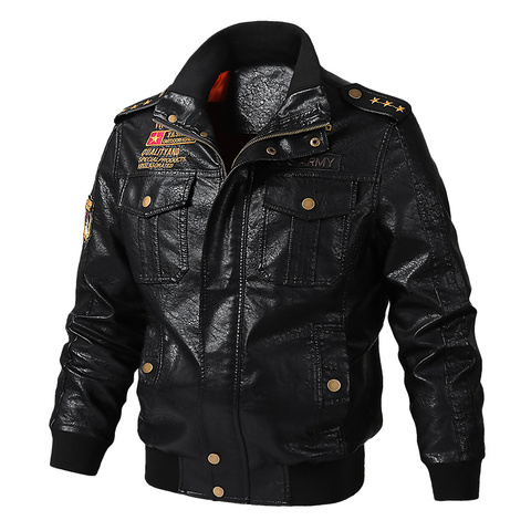 The 2022 Men's New Leather Jacket Classic Embroidery Pu Casual Stand-up Collar Air Force Pilot Pocket Brown Leather Jacket ► Photo 1/6