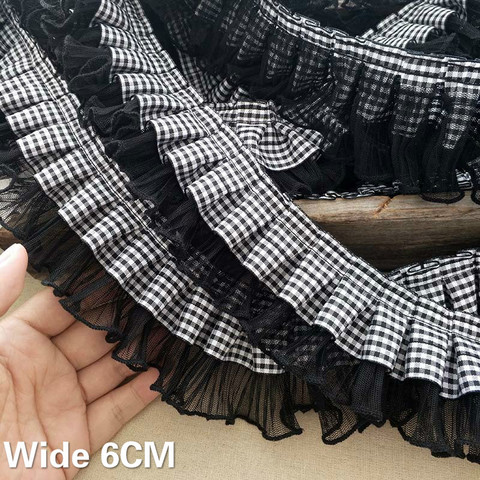 6CM Wide White Black Plaids Satin Ribbon Pleated Lace Collar Trims Embroidery Laces Sewing Accessories And Clothing Hats Decor ► Photo 1/5