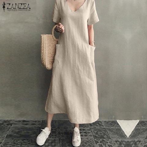 ZANZEA 2022 Women Long Maxi Summer Dress Casual Cotton Linen  Ladies Big Pockets Beach Party Robe Femme Vestidos Plus Size 5XL ► Photo 1/6