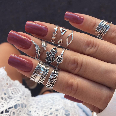 EN 9 Pcs /Set Vintage Bohemian Openwork Carved Leaves Joint Ring Set Girl Women Fashion Knuckle Rings Jewelry ► Photo 1/6