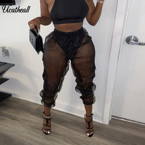 Mesh See-through High Waist Cargo Pants Patchwork Side Pocket Fashion Summer New Loose Trousers Women Transparent Pants ► Photo 1/5