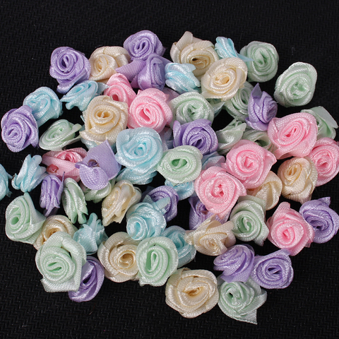 100PCS Mini Artificial Flowers Heads Make Satin Ribbon Roses