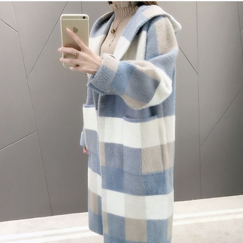 YASUGUOJI Thick Warm Faux Mink Fur Long Coat Women Fashion Covered Button Plaid Winter Faux Fur Jacket with Hooded Ladies Coats ► Photo 1/6