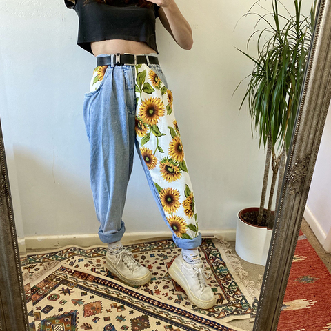 2022 New Trend Sunflowers Printed Light Blue Jeans fit women young Girls soft denim long pant patchwork Harem hight waist jeans ► Photo 1/6
