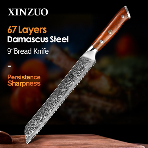 XINZUO  9'' inch Serrated Bread Knife Damascus Steel Rosewood Handle Kitchen Knives Brand High Quality Cake knife Cooking Tools ► Photo 1/6