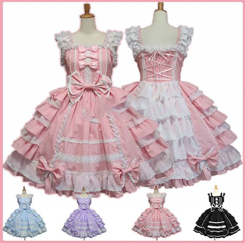 Women Alice Lolita Angel Pink Cotton Princess Dress Court-Style Gothic Tank Dress Costume Cute Anime Maid Layer Dress For Girls ► Photo 1/6