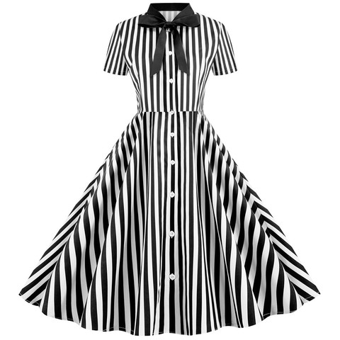 Striped Vintage Women Summer Dress 2022 Robe Femme 50s 60s Pin Up Party Rockabilly Dress Knee-Length Bow Swing Office Clothing ► Photo 1/6