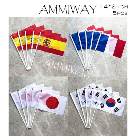 AMMIWAY 14x21cm 5pcs Spain France French Polyester Printed Flag with Flagpole Japan South Korea Hand Waving Flag for Celebration ► Photo 1/6