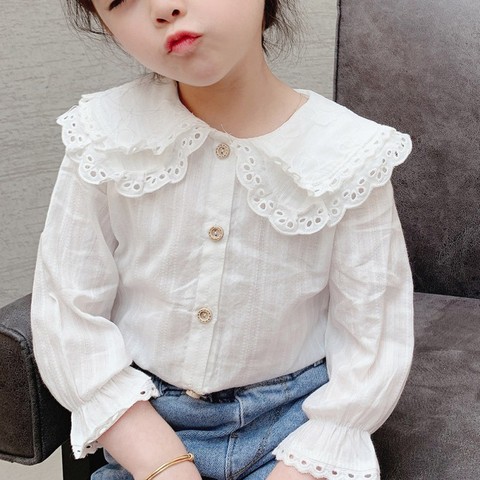 Girls Style Lapel Blouse With Flared Sleeves Shirt Long-Sleeved Spring Autumn Fruit Print Lapel Lace Top Cotton White Shirts ► Photo 1/6