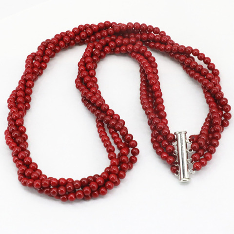 New artificial coral 4mm winding strand beads necklace red round 4 rows chain fashion party weddings gifts diy jewelry 18