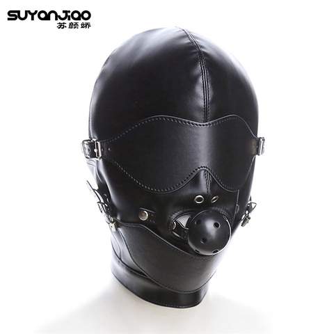 Black PU Leather Fetish Bondage Hoods Mask with Mouth Gag and Blindfold Adjustable Night Club Party Sex Hoods Halloween Costumes ► Photo 1/6