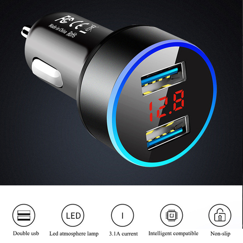 Car Dual Usb Car Cigarette Lighter 5V 3.1A Power Socket Fast Charger Adapter With LED Display for Phones Cameras PC ► Photo 1/6