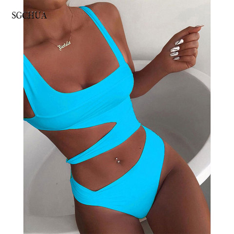 SGCHUA 2022 New Solid Bandage One Piece Swimsuit Women Cut Out Monokini White Yellow Blue Swimwear Sexy Hollow Out Bathing Suit ► Photo 1/6