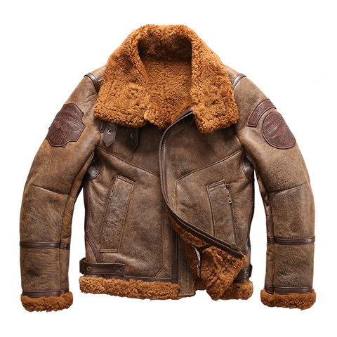 HA-8001 Asian size high quality super warm genuine sheep leather jacket mens B3 shearling bomber military fur jacket ► Photo 1/6