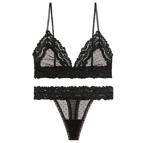 Lace Mesh Unlined Lingerie Set Women Sexy See Through Bra Thongs