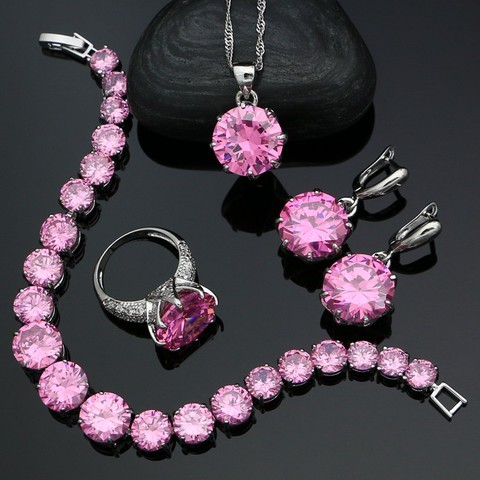 Round Stones 925 Silver Jewelry Sets for Women Pink Cubic Zirconia White Crystal Earrings Pendant Ring Bracelet Necklace Kit ► Photo 1/6