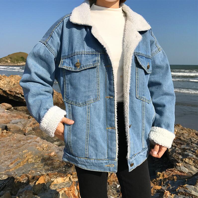 Korean Womens Fur Lining Long Jacket Denim Overcoats Thicken lamb wool Coats