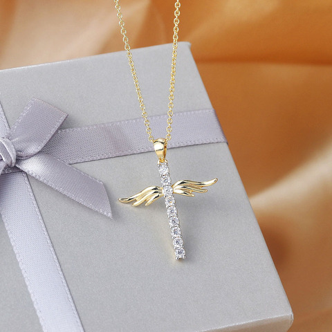 Pendant Necklace For Women Korean Angel Wings Cross Zircon Light Gold Color Choker Chains Gift Jewelry Wholesale N229 ► Photo 1/6