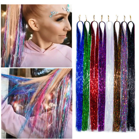 Sparkle Shiny Hair Tinsel Rainbow Silk Hair Extensions Dazzles Women Hippie for Braiding Headdress Long 100cm 120 Strands/bag ► Photo 1/6