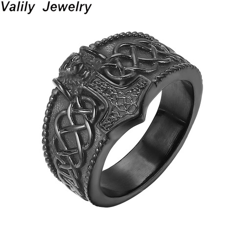 Valily Thor's Hammer Celtic Knot Ring Mens Nordic lion Stainless Steel Viking Mjolnir Rings Amulet Jewelry for Man ► Photo 1/6