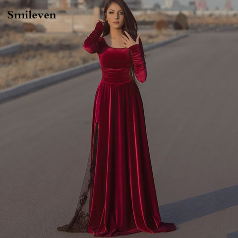 Smileven Burgundy Velvet Caftan Evening Long Sleeve Black Lace Dubai Formal Party Gowns Longo Prom Gowns 2022 ► Photo 1/5