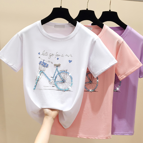 gkfnmt Beading Print Pink T Shirt Summer Short Sleeve Women Top White Tshirt Cotton Korean Style T-shirt Women Clothes ► Photo 1/6