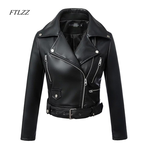 FTLZZ New Women Autumn Winter Black Faux Leather Jackets Zipper Basic Coat Turn-down Collar Motor Biker Jacket With Belt ► Photo 1/6