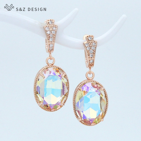 S&Z DESIGN Vintage Elegant Luxury Big Oval Crystal Dangle Earrings For Women Wedding Jewelry Rose Gold Cubic Zirconia Eardrop ► Photo 1/6
