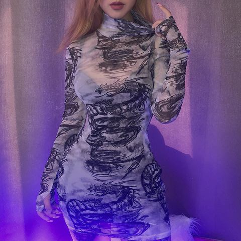 Women High Collar Dress Sexy Mesh Printing Long-sleeved Slim Tight Dress Autumn Fashion Women Dress ► Photo 1/6