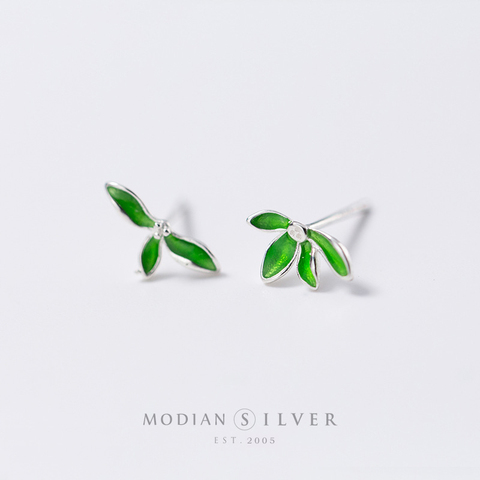 Modian Green Enamel Leaves Stud Earrings for Girls Lady Women 925 Sterling Silver Tree of Life Prevent Allergy Jewelry Brinco ► Photo 1/4