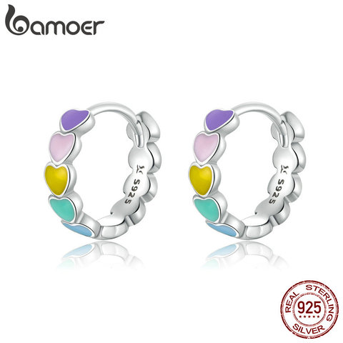 bamoer Genuine 925 Sterling Silver Rainbow Color Enamel Heart Hoop Earrings for Women 2022 New Ear Hoops Female Jewelry SCE909 ► Photo 1/6