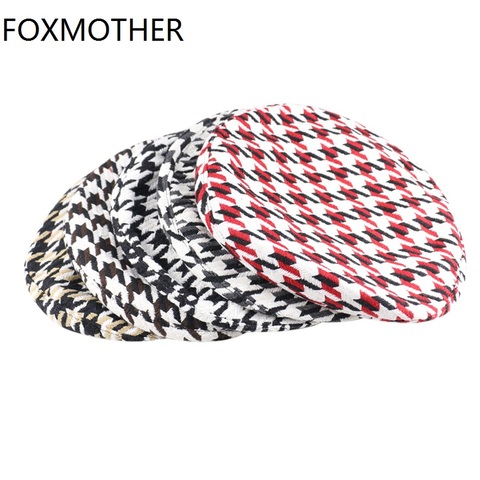 FOXMOTHER New Autumn Winter Houndstooth Plaid Beret Hats For Women French Black Red Berets ► Photo 1/6