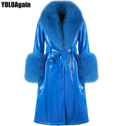 YOLOAgain Women Real Fox Fur Collar Single Breasted Long Genuine Leather Coat Trench ► Photo 1/6