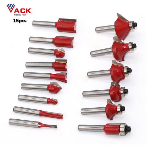 VACK 15pcs/set Woodworking tools Milling Cutters 1/4''/8mm Shank Carbide Router Bits For Wood Cutter frezy Cutting metal  fresas ► Photo 1/6