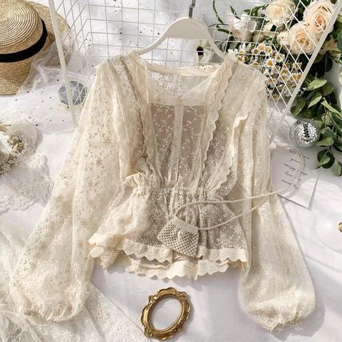 Autumn lace blouse shirt short ladies French retro palace lantern sleeves lotus leaf lace shirts tops ► Photo 1/6