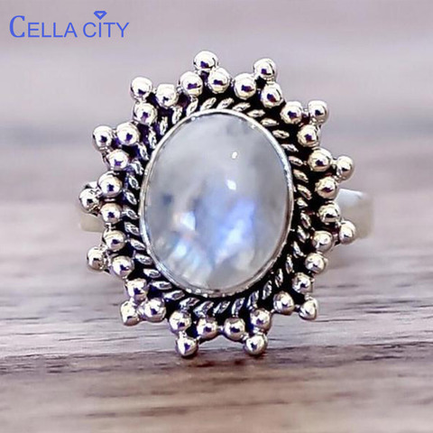 Cellacity Thai Silver 925 Ring for Women Fine Jewelry with Gemstones Oval Moonstone Vintage Female Accessory Gift Party Size5-11 ► Photo 1/6